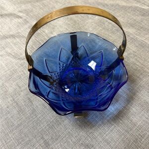Vintage Cobalt Blue Glass Candy Dish w/ Metal Handle